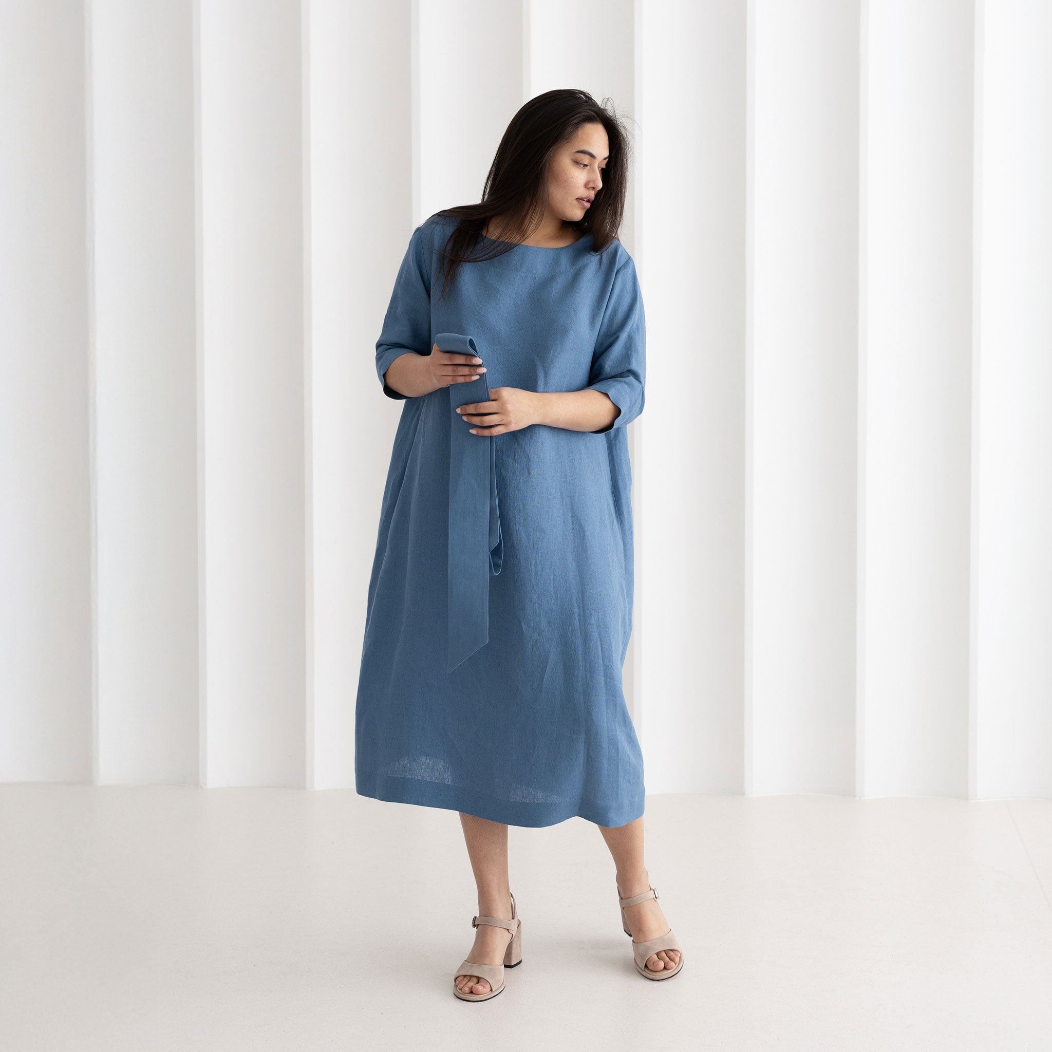Linen boat neck midi dress