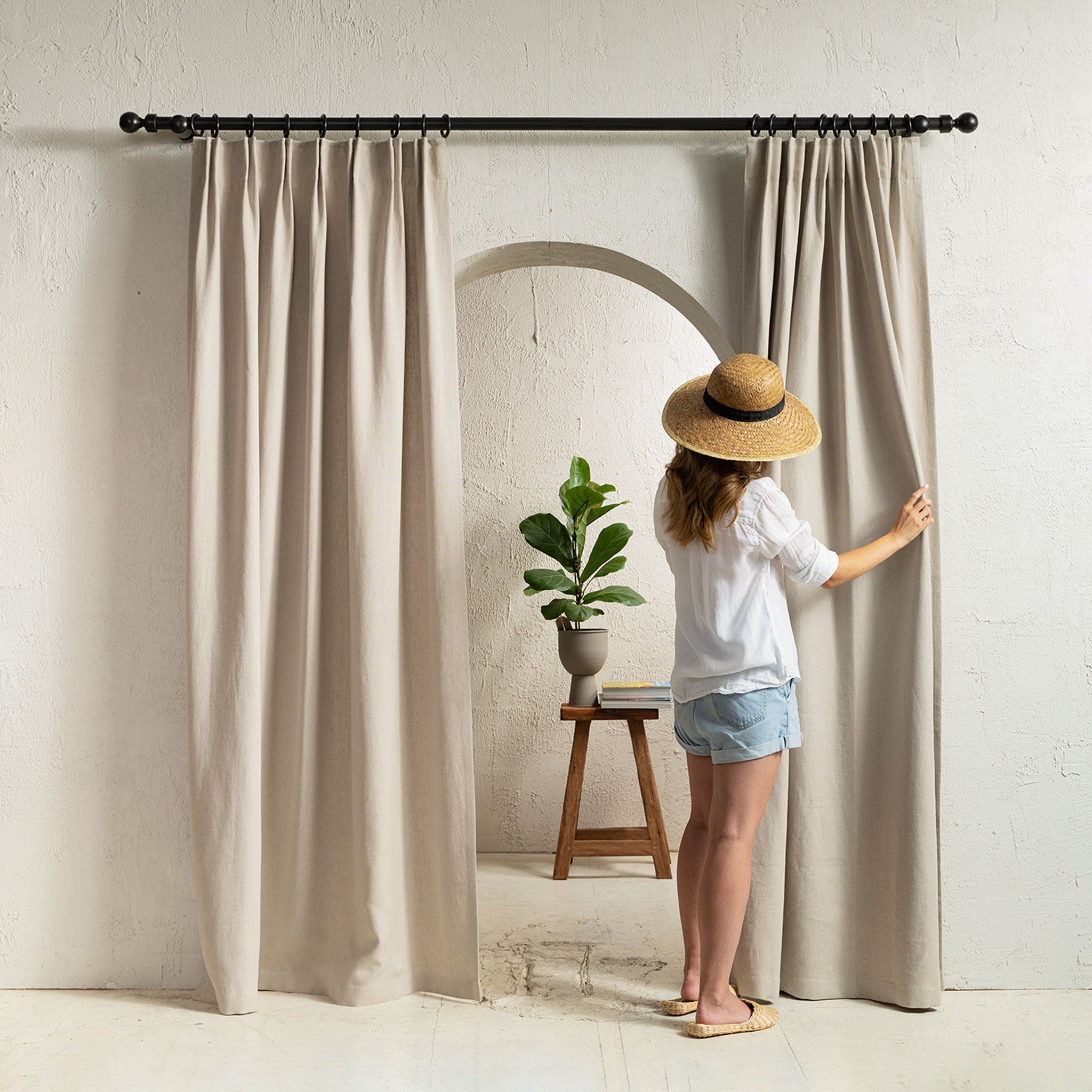 Heavy linen double pleat curtain panel
