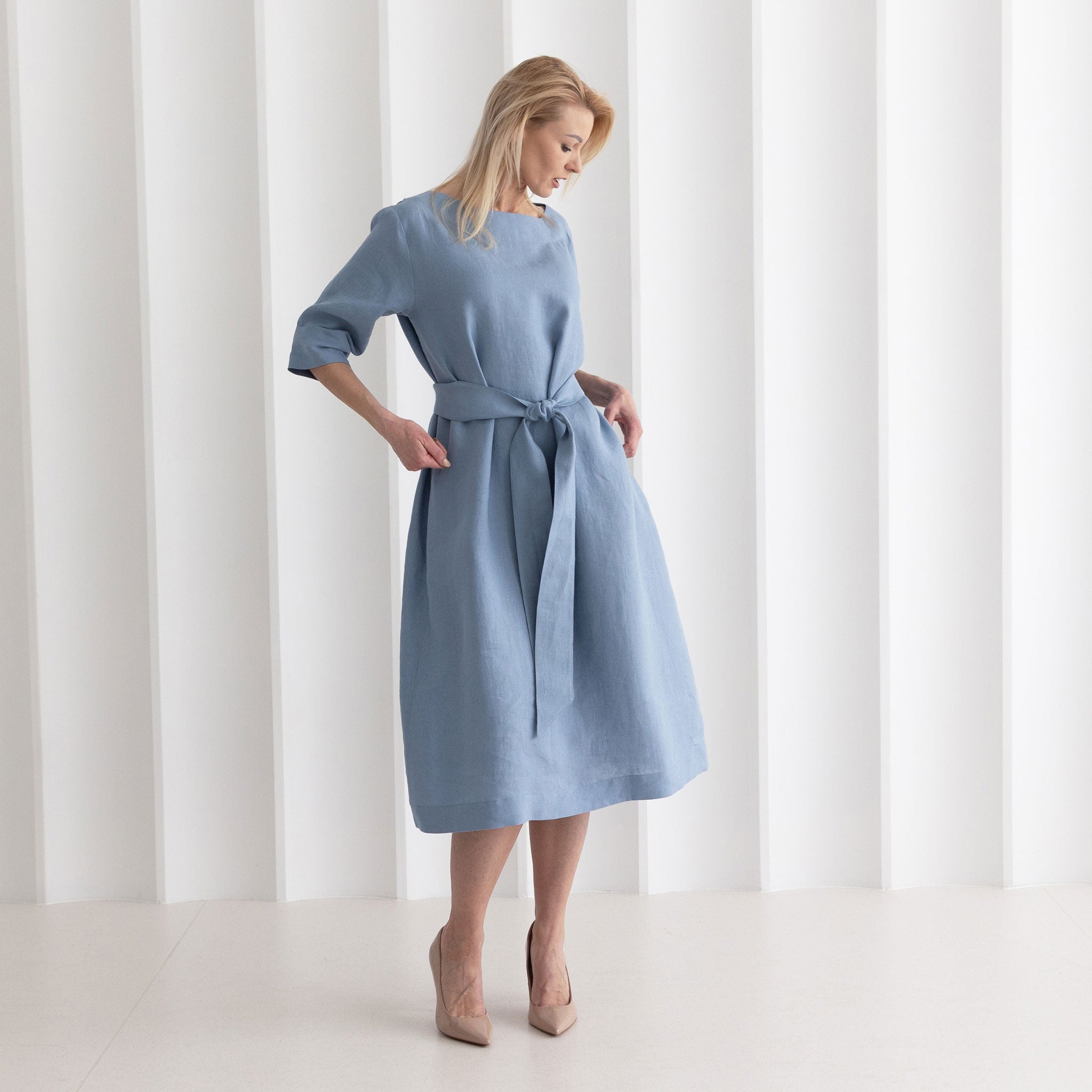 Linen boat neck midi dress