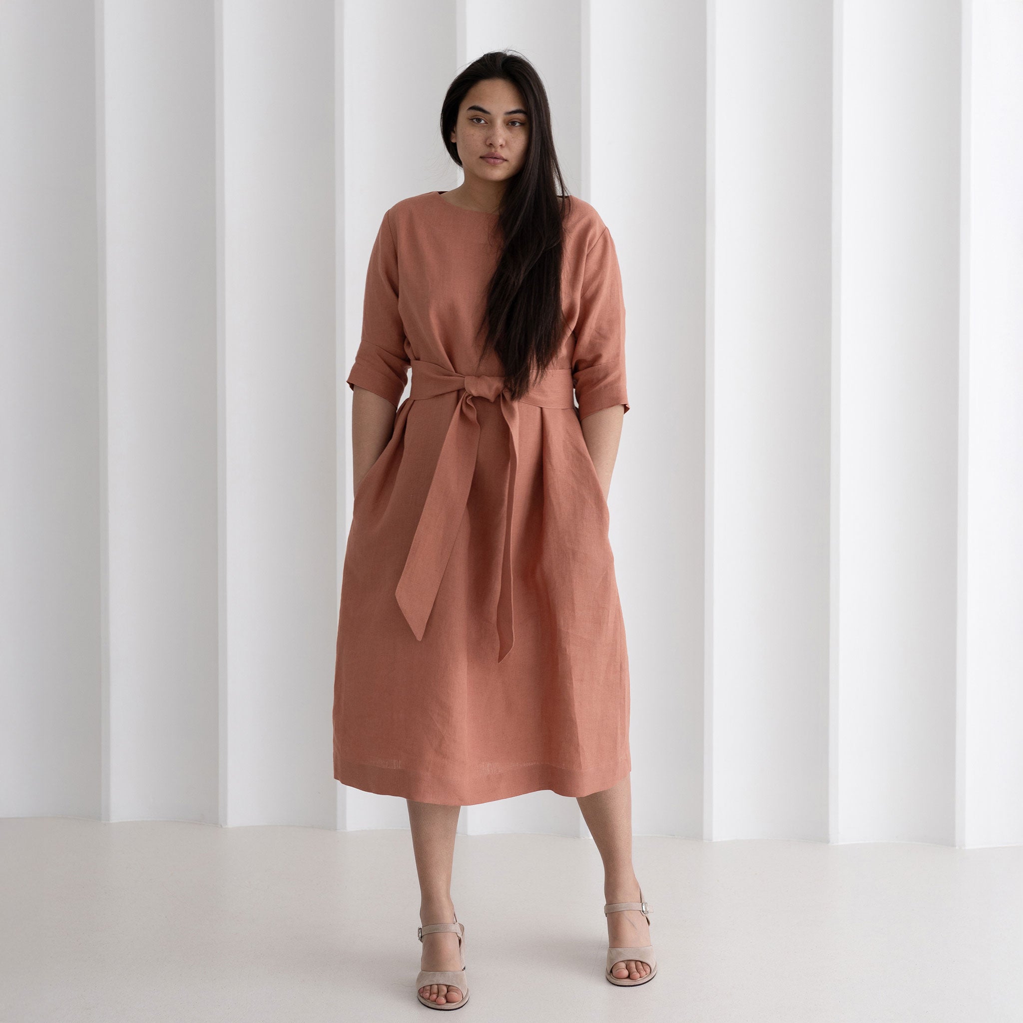 Linen boat neck midi dress