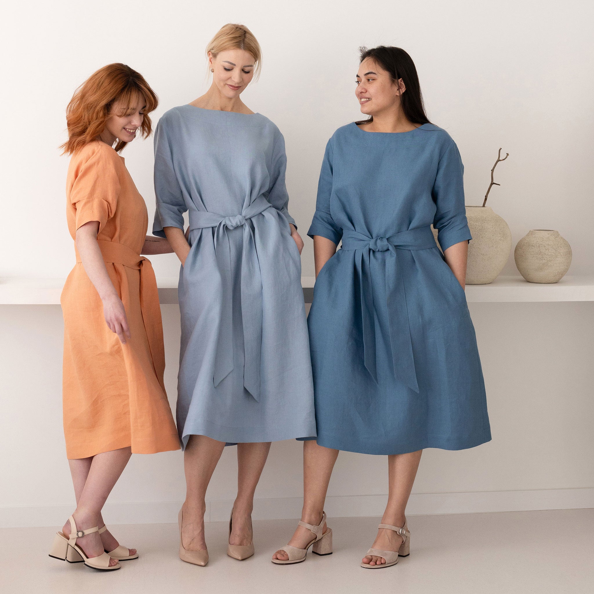 Linen boat neck midi dress