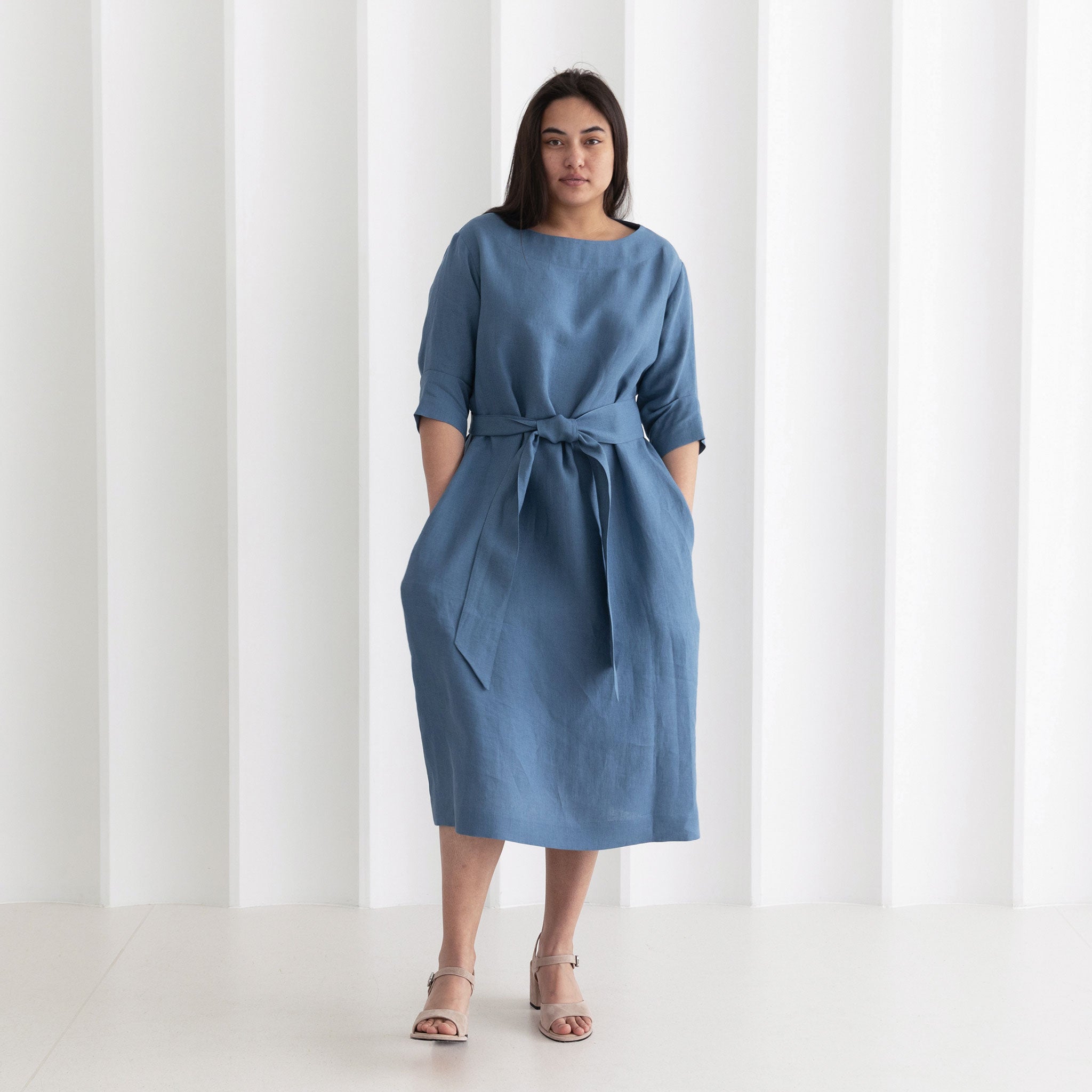 Linen boat neck midi dress
