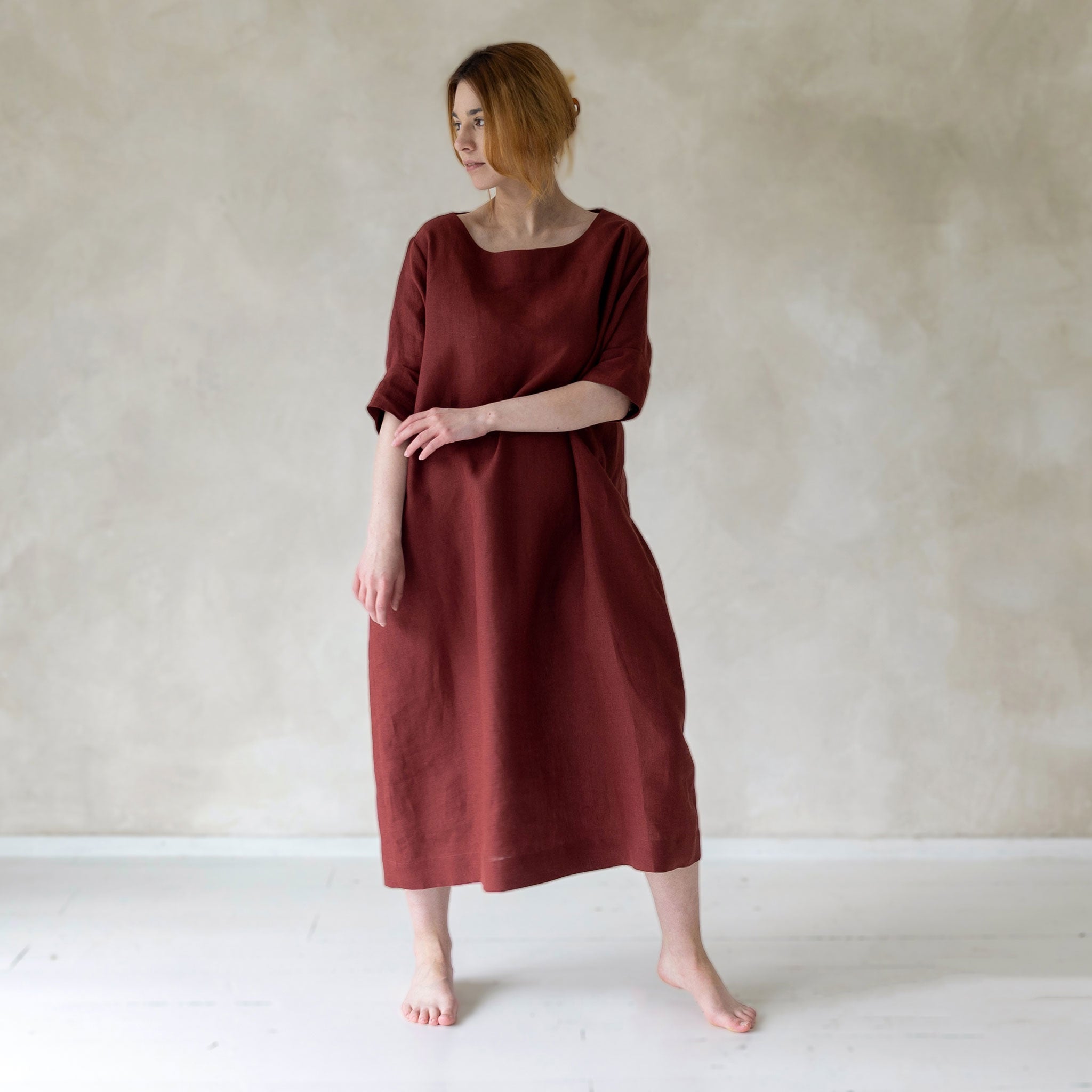 Linen boat neck midi dress