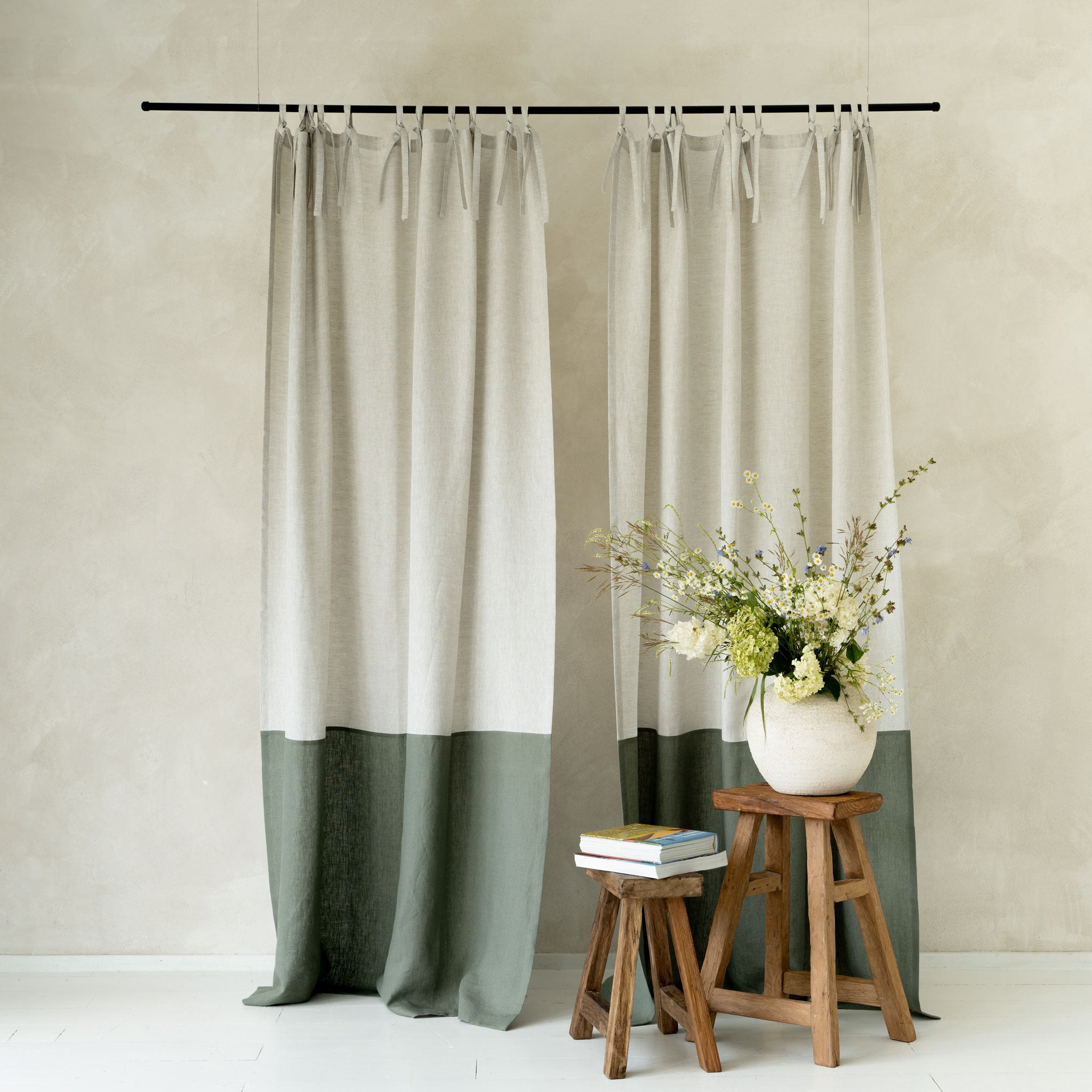 Color block linen curtain with tie top