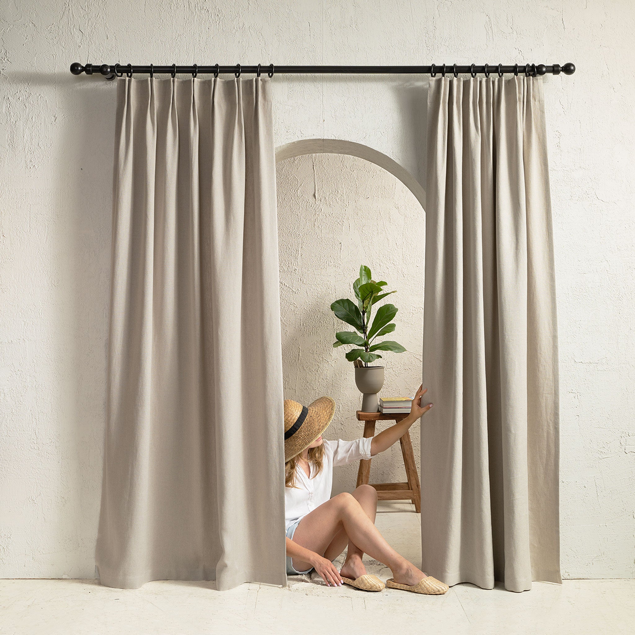 Heavy linen double pleat curtain panel