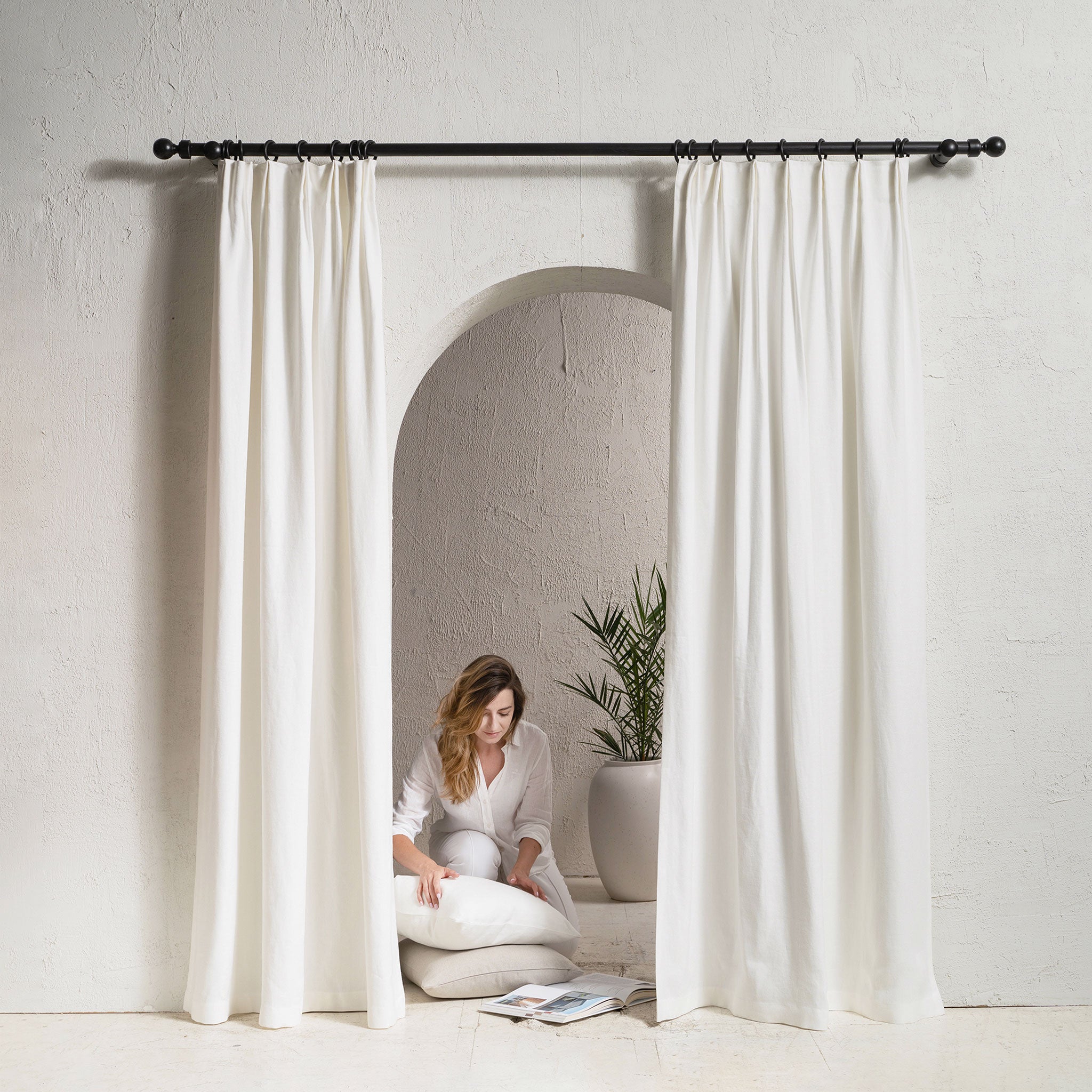 Heavy linen top tack pleat curtain panel