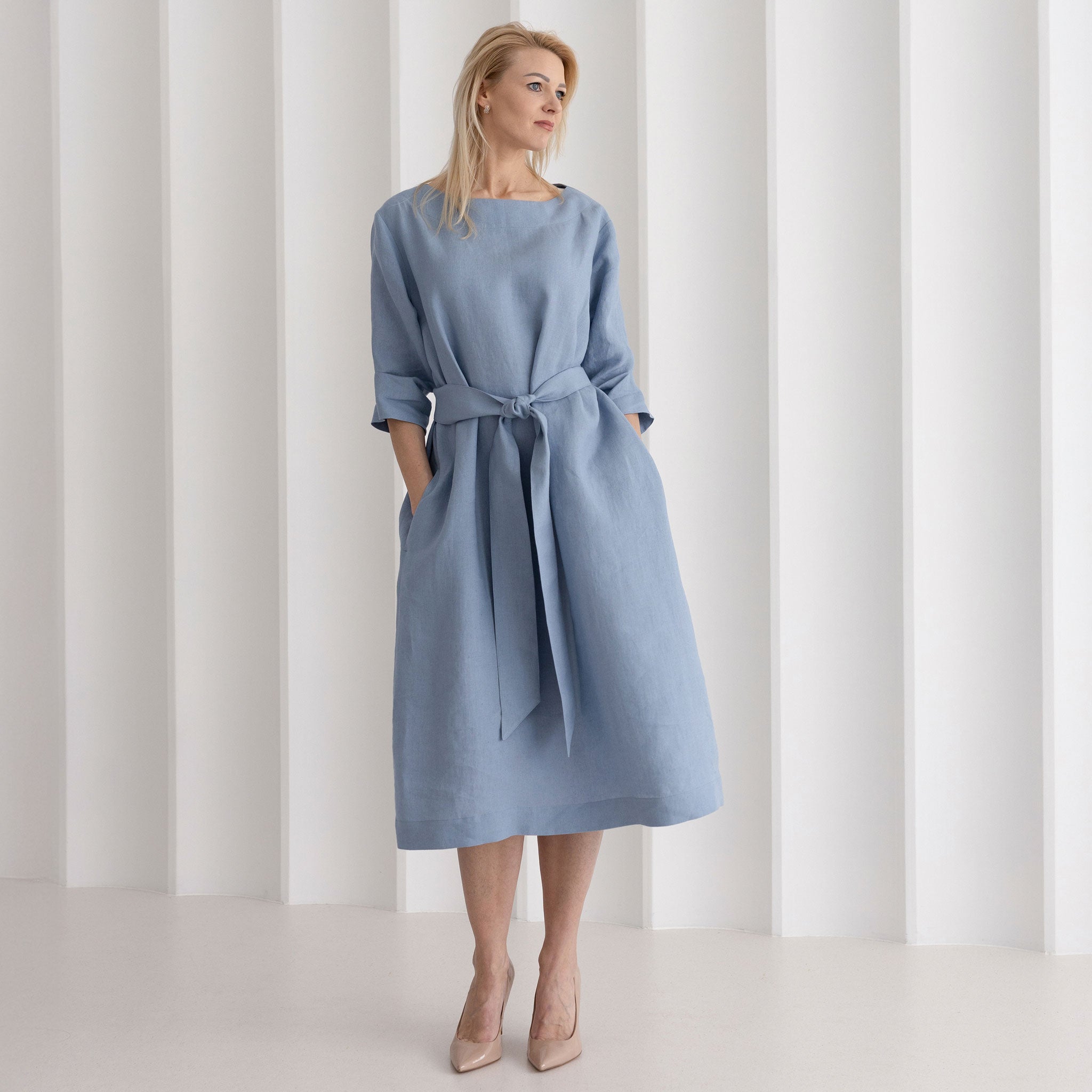 Linen boat neck midi dress