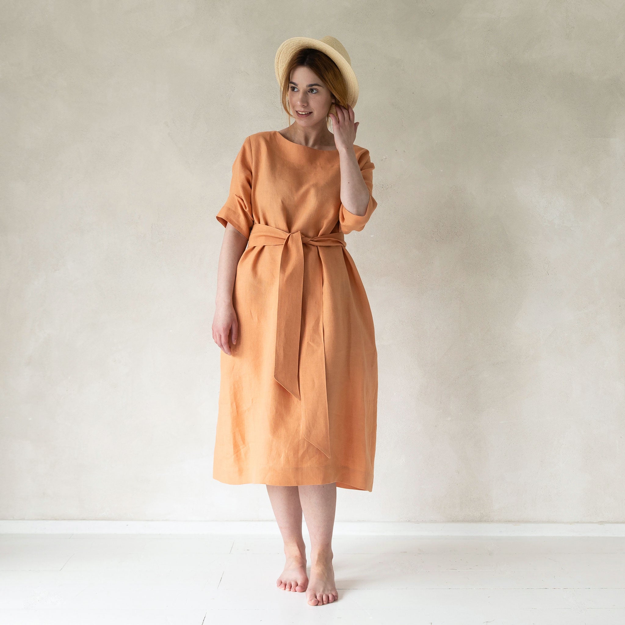 Linen boat neck midi dress