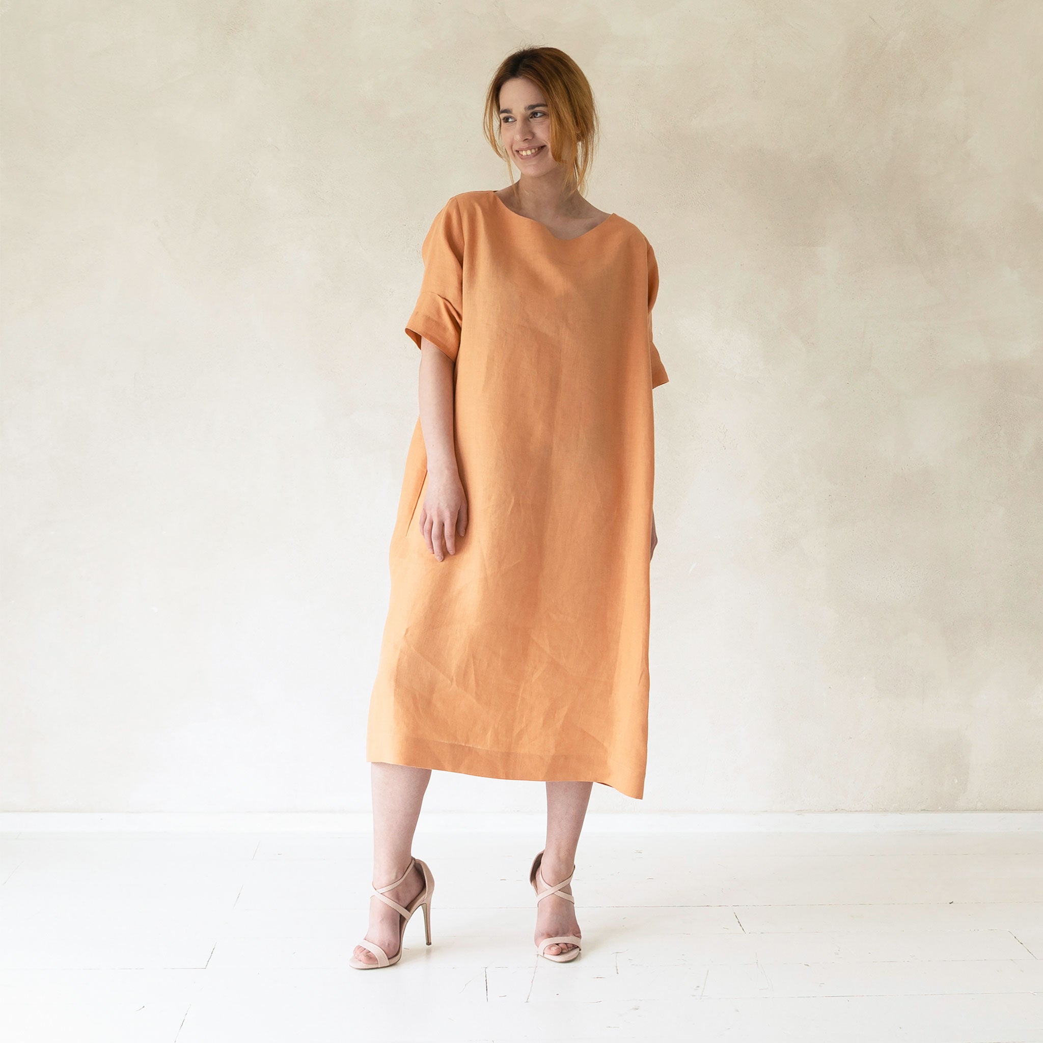 Linen boat neck midi dress