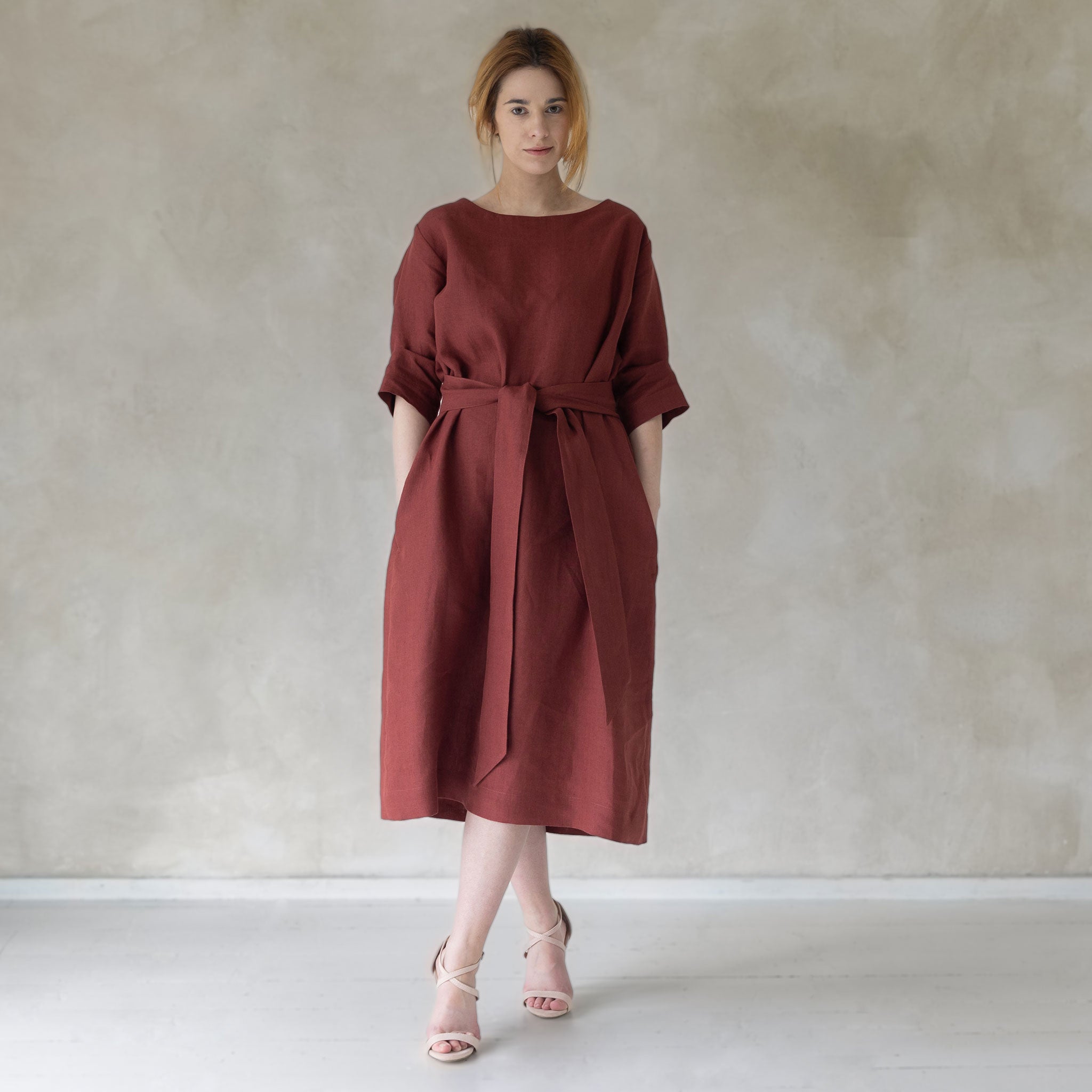 Linen boat neck midi dress