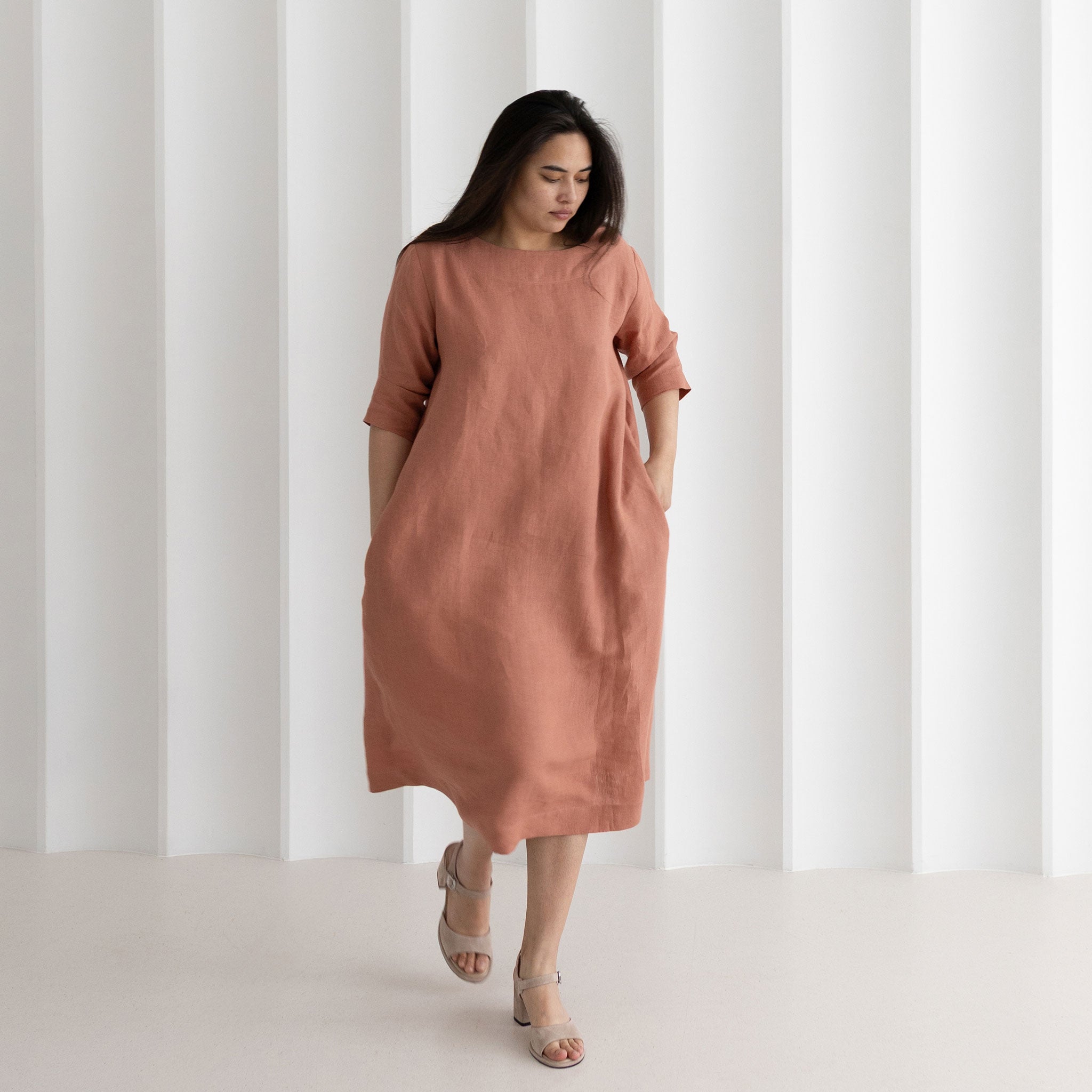 Linen boat neck midi dress