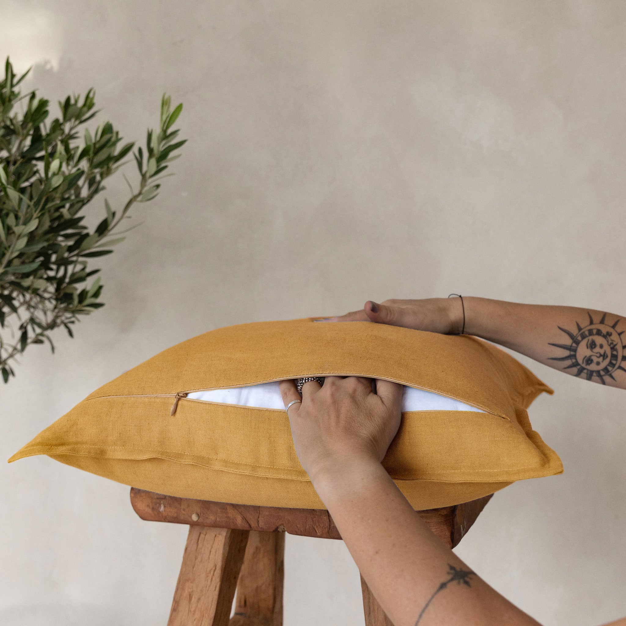 Linen pillow cover Yellow ochre