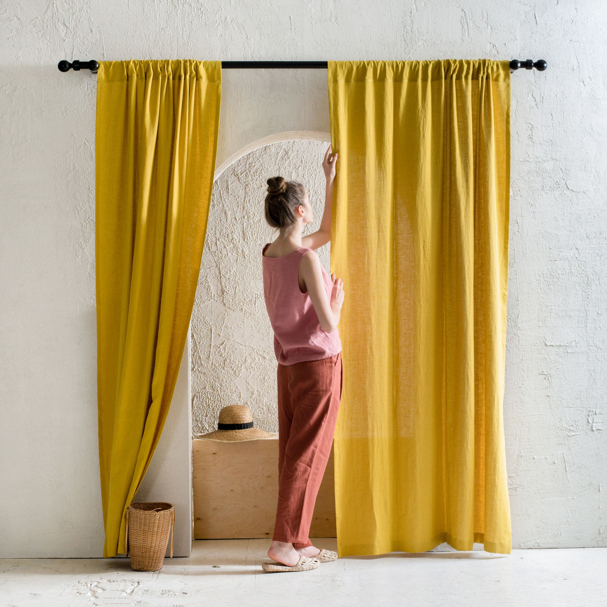 Linen curtain panel with rod pocket